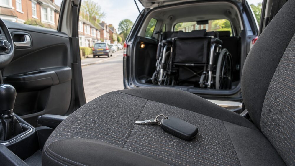 Car keys on a passenger seat with a folded wheelchair visible through the open boot.