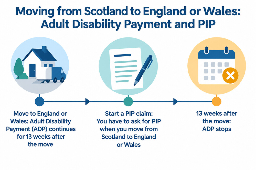 A timeline showing the 13 weeks of Adult Disability Payment after a move to England or Wales, with a PIP claim started inside that window