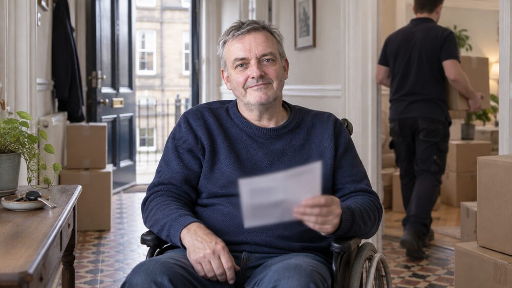 A wheelchair user sits in a hallway among moving boxes holding a letter as a helper carries a box.