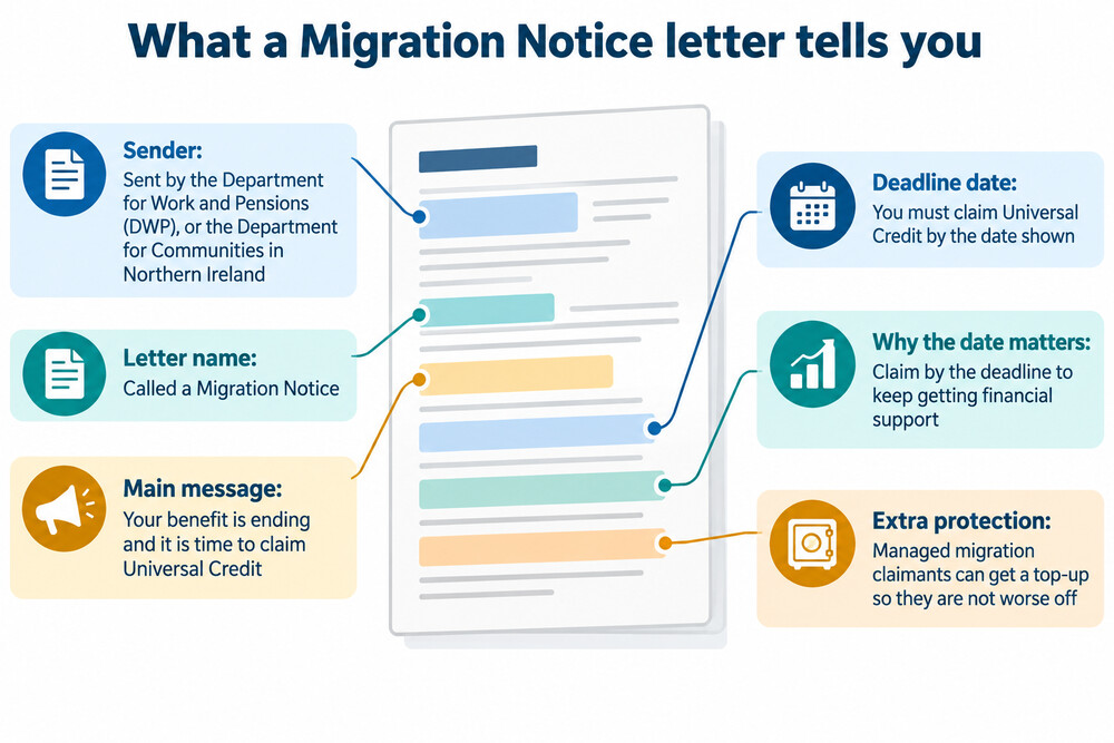 A Migration Notice letter from the DWP, showing the deadline date and instructions to claim Universal Credit