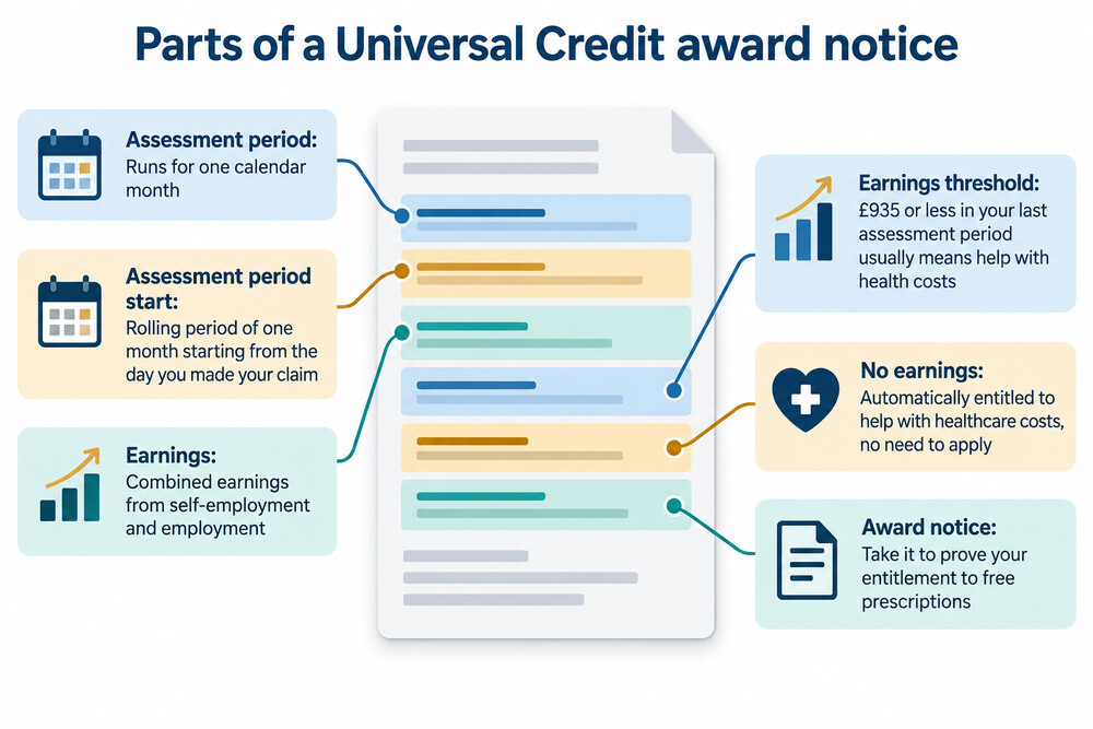 A Universal Credit award notice with the assessment period and earnings figures highlighted