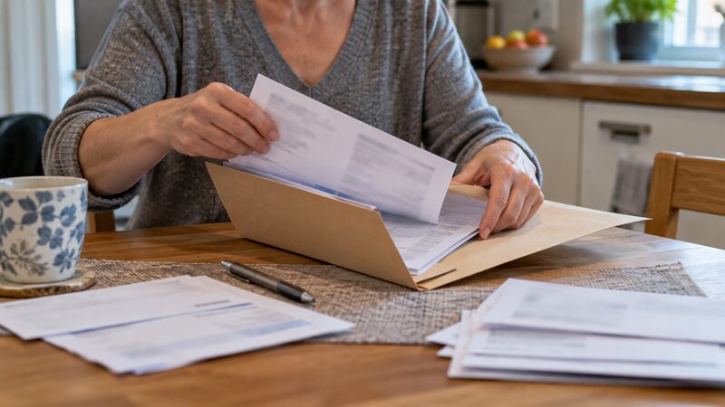 A folder of documents laid out for a change of conditions application, including bank statements and a letter from social services