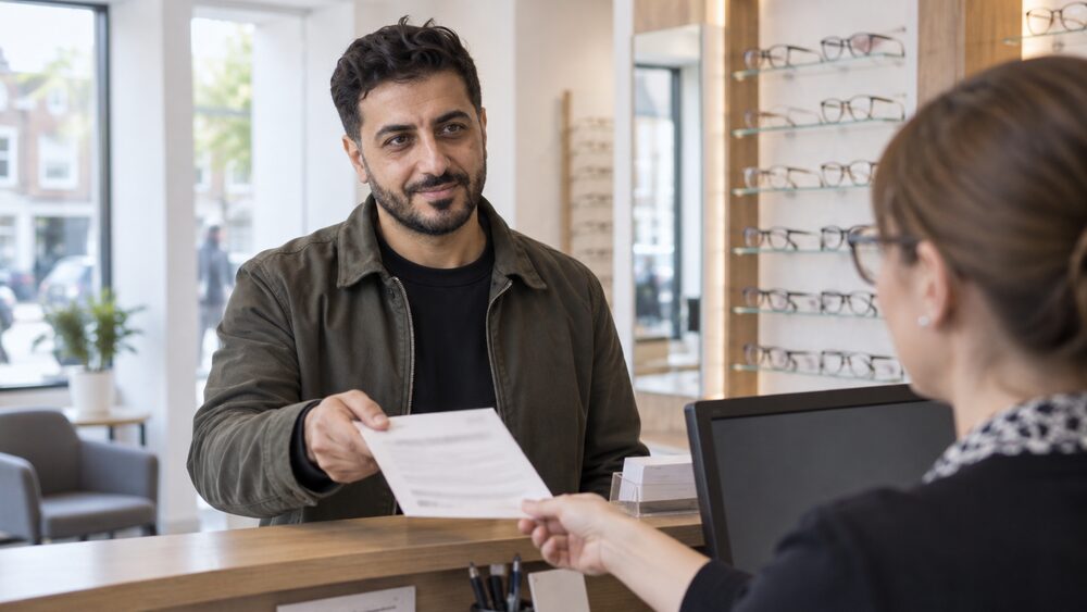 A man stands at an optician's reception desk holding out a paper document to the receptionist.