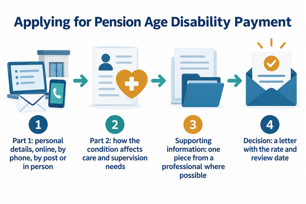A flow diagram of the two-part application for Pension Age Disability Payment
