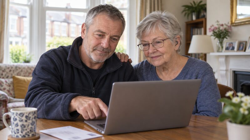 A man and an older woman sit at a table with a laptop, discussing a claim.