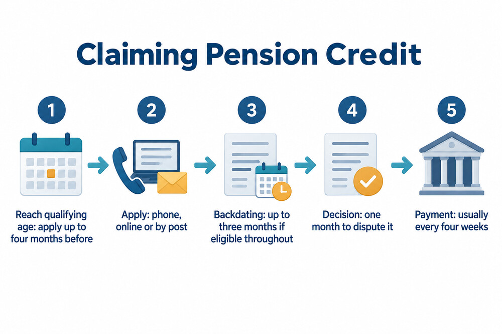 A diagram of the Pension Credit claim steps, from checking eligibility to the first payment