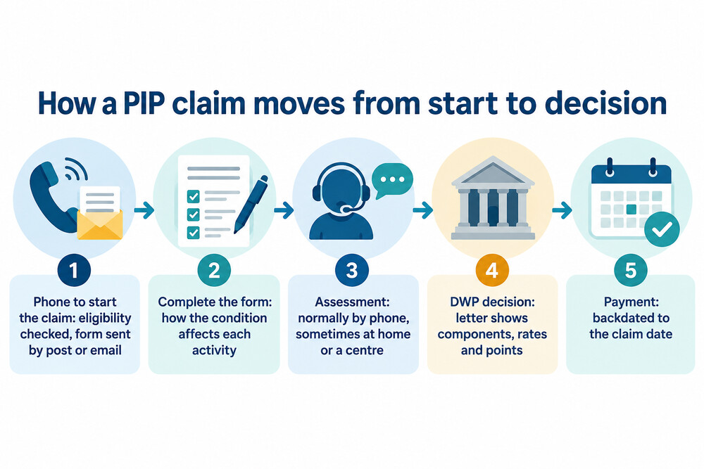 A three-stage PIP claim: phone call, questionnaire, assessment, then decision letter