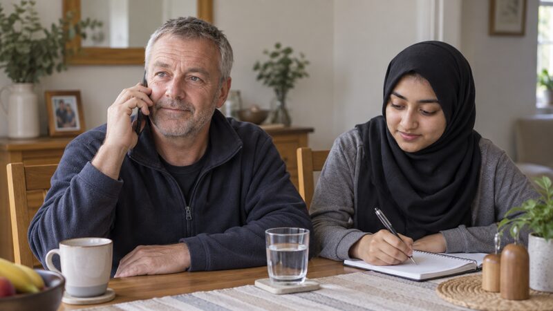 A man holds a phone to his ear while a friend beside him takes notes at a table.