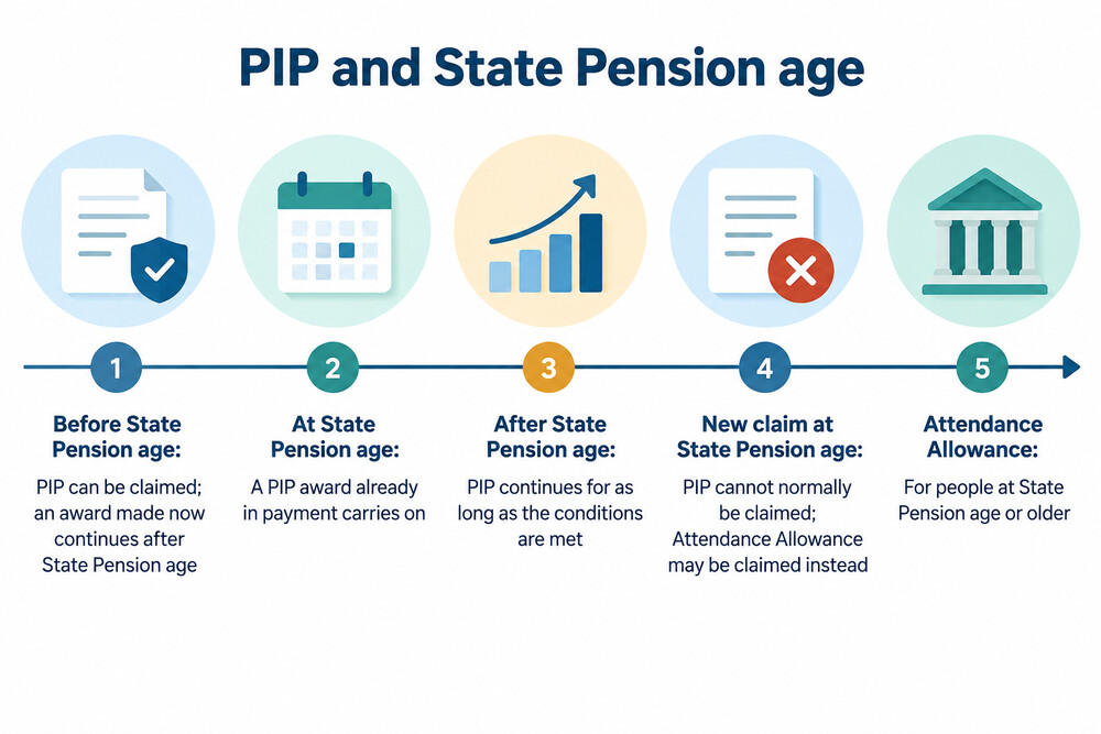 A simple timeline showing a PIP award continuing past State Pension age while a new claim cannot start