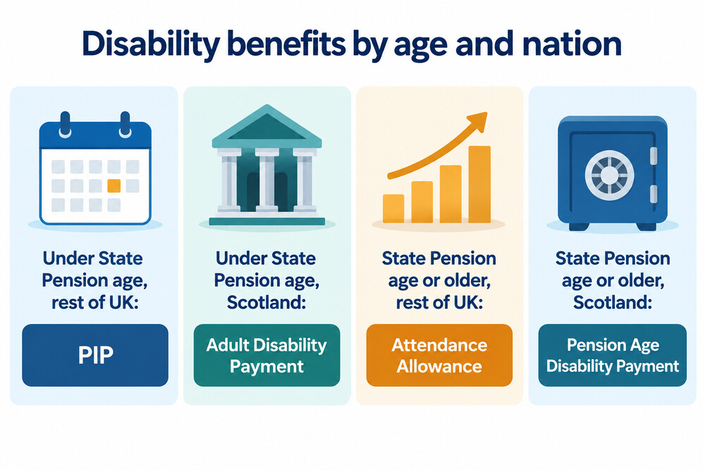 A comparison of the benefit names used in Scotland and the rest of the UK at each age