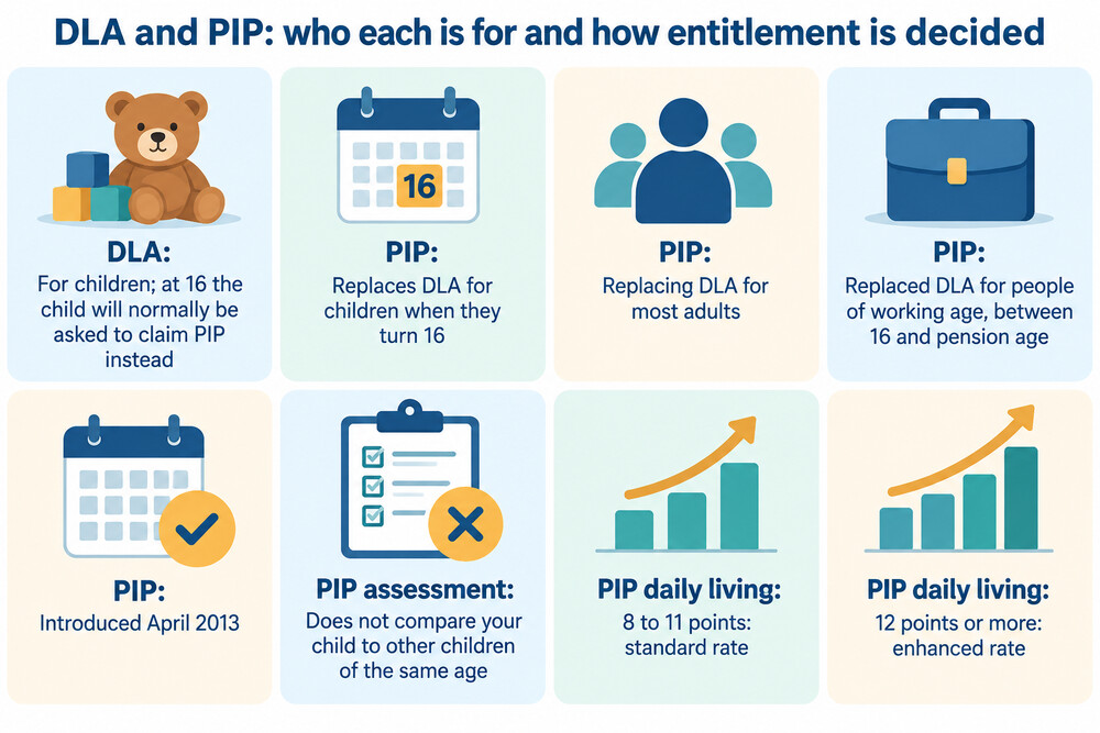 A simple side-by-side comparison of DLA and PIP showing who each is for and how entitlement is decided