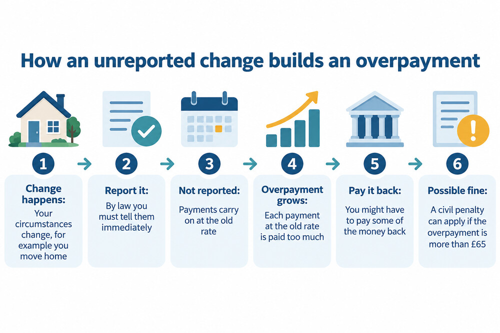A stack of benefit payments building up after an unreported change, each one adding to the overpayment