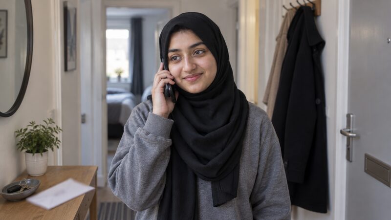 A young woman stands in a flat hallway on the phone, a letter on the table beside her.