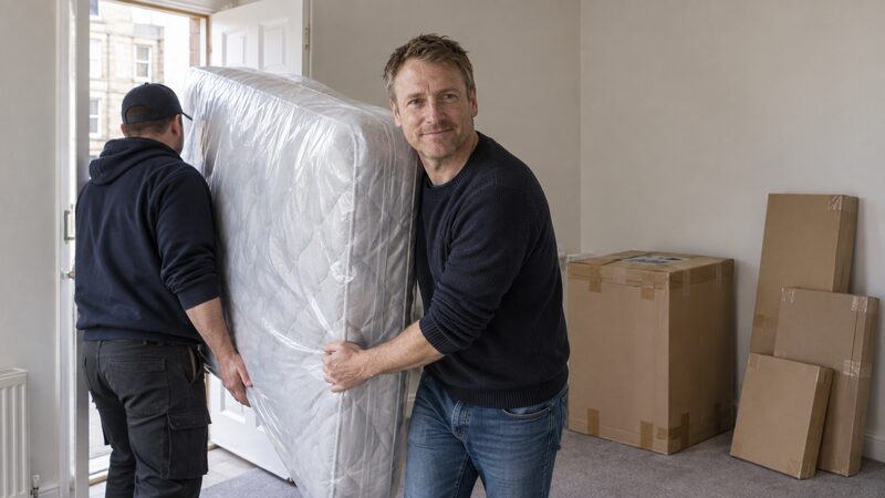 A man helps a delivery worker carry a mattress into a bare newly let flat.