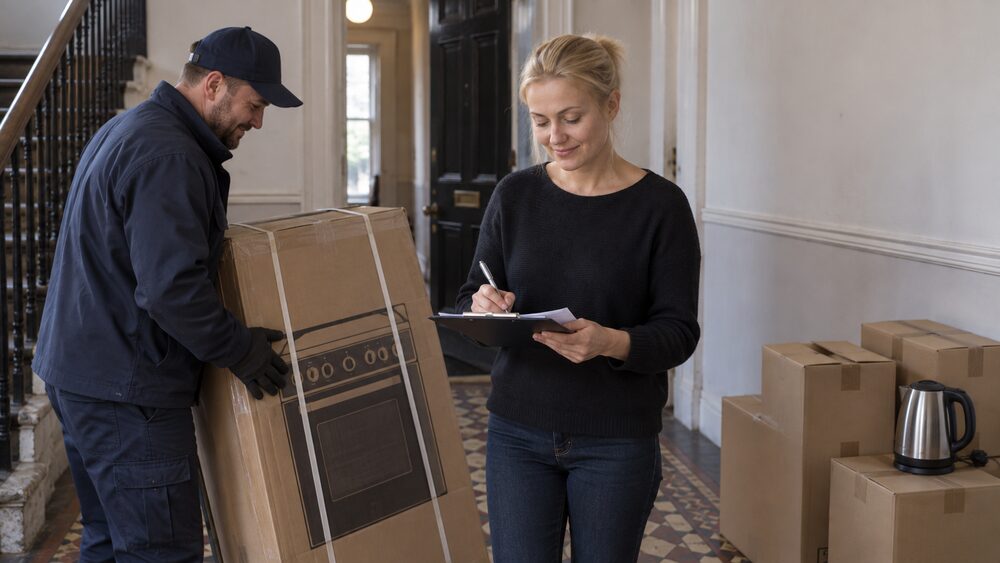 A woman signs a delivery note in a flat hallway as a boxed cooker is delivered.