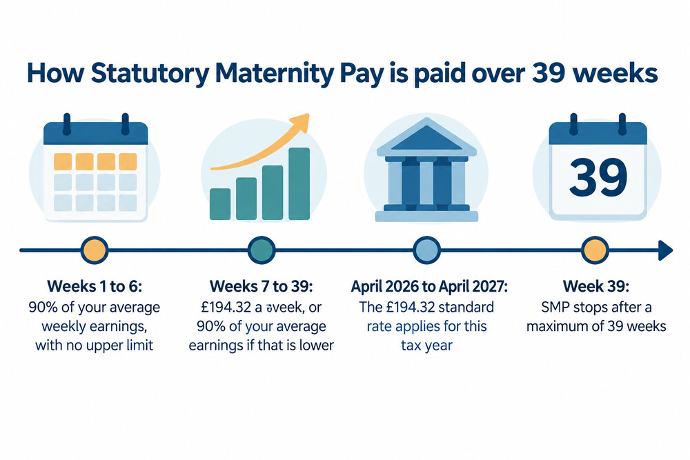 A calendar spread showing a 39 week maternity pay period marked week by week