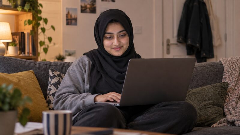 A young woman sits in a shared student lounge with a laptop open on her knees.