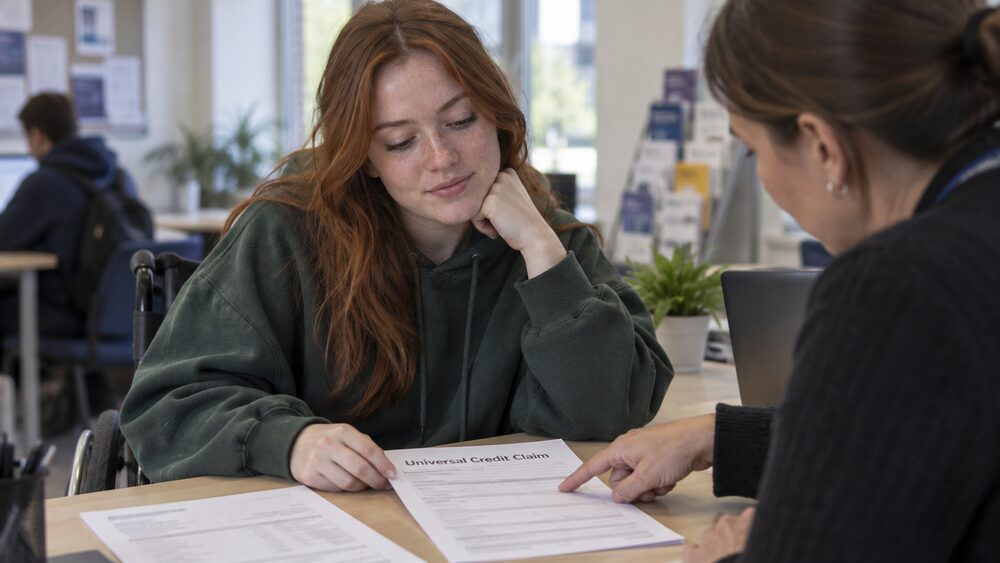 A student in a wheelchair at a freshers' fair stall holds a tote bag as an adviser points.