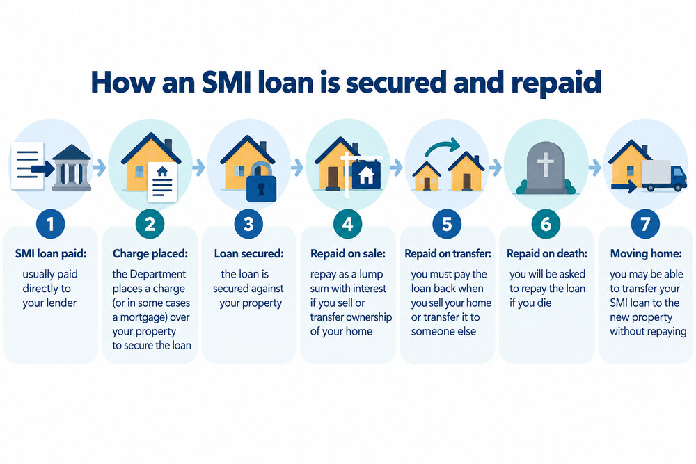 A diagram showing how an SMI loan is secured against a property and repaid when the home is sold