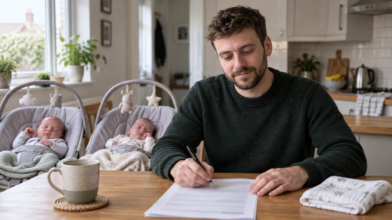 A man fills in a paper form at a kitchen table with two newborns in bouncer chairs.