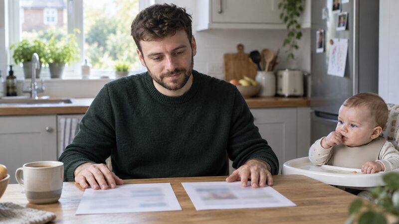 A man sits at a kitchen table comparing two printed sheets, a baby in a high chair.