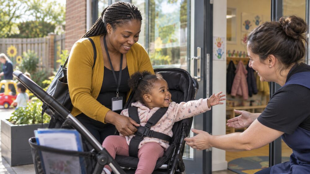 A mother lifts her toddler from a pushchair at a nursery door as staff greet them.