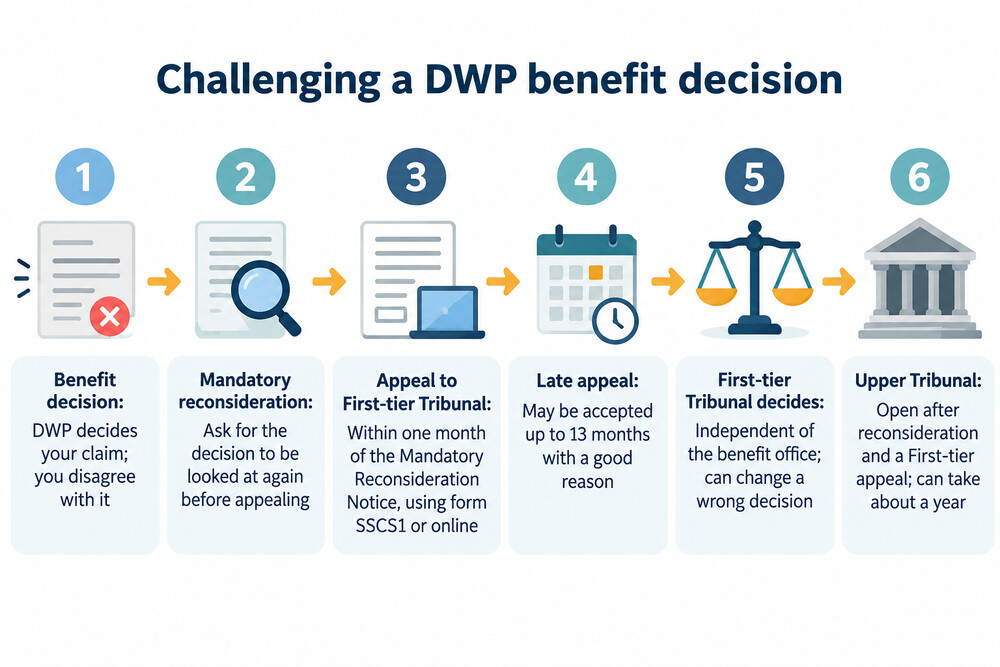 A simple flowchart showing a benefit decision going to mandatory reconsideration and then to the independent First-tier Tribunal