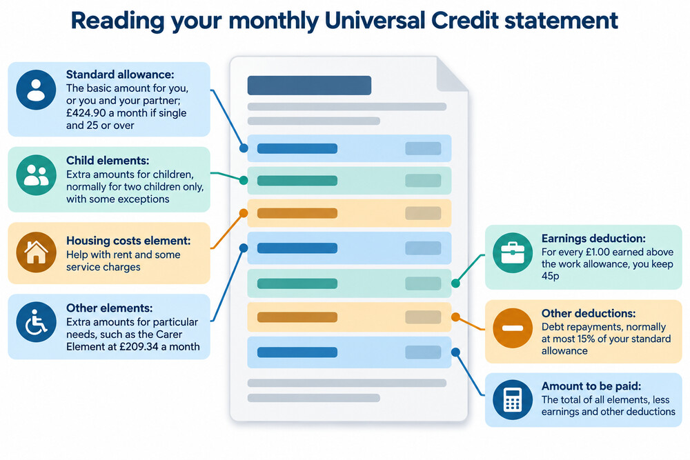 A Universal Credit statement showing the breakdown of a monthly payment