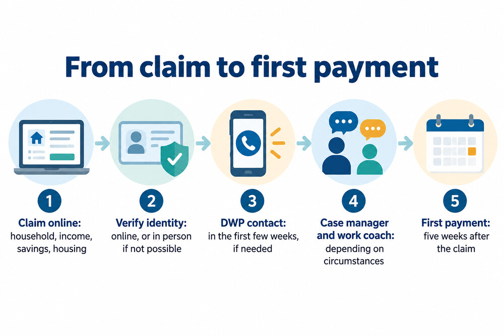 The flow of a new Universal Credit claim, from applying online to the first payment