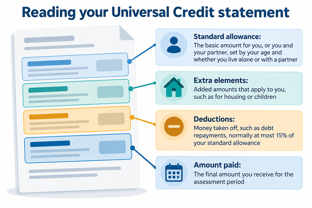A Universal Credit statement page in an online account, showing the breakdown of a monthly award into standard allowance, child element and housing element