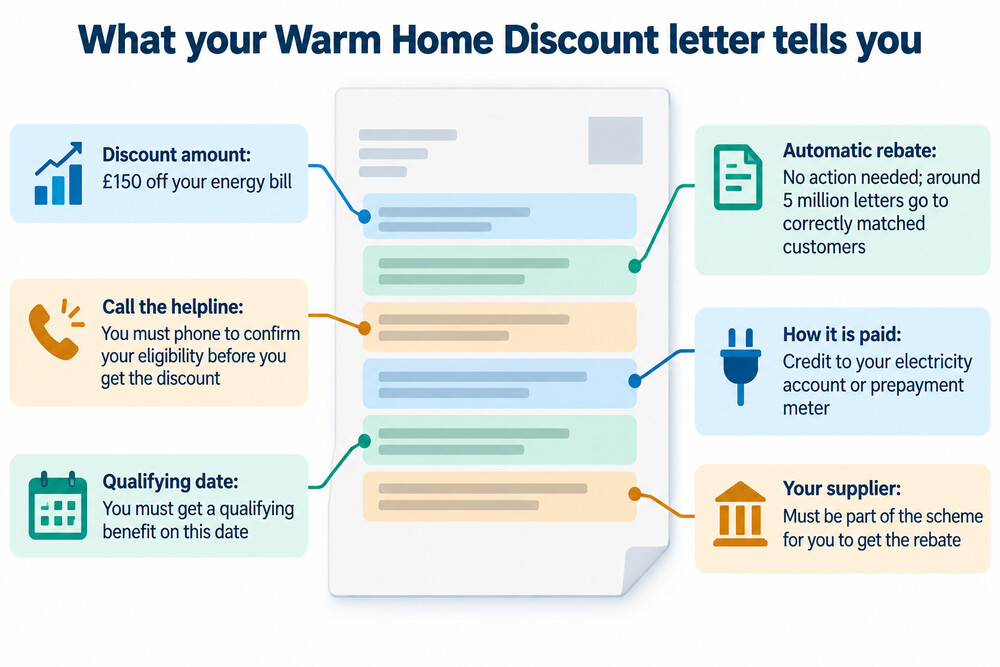 A Warm Home Discount eligibility letter from the government, showing the reference number and what the householder needs to do next
