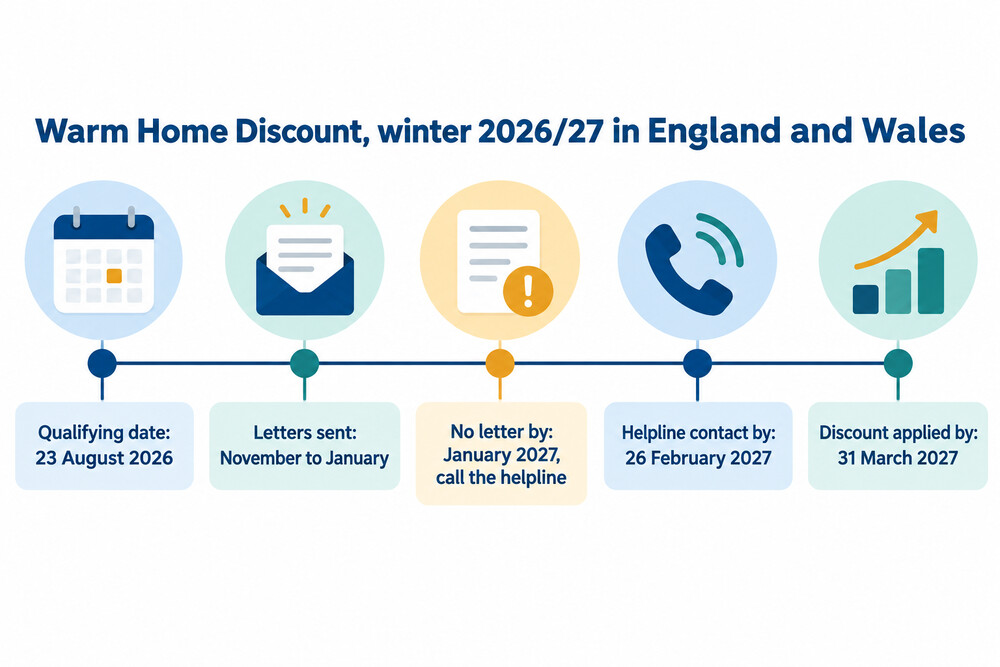 The Warm Home Discount timeline for winter 2026/27, from qualifying date to credit on the bill