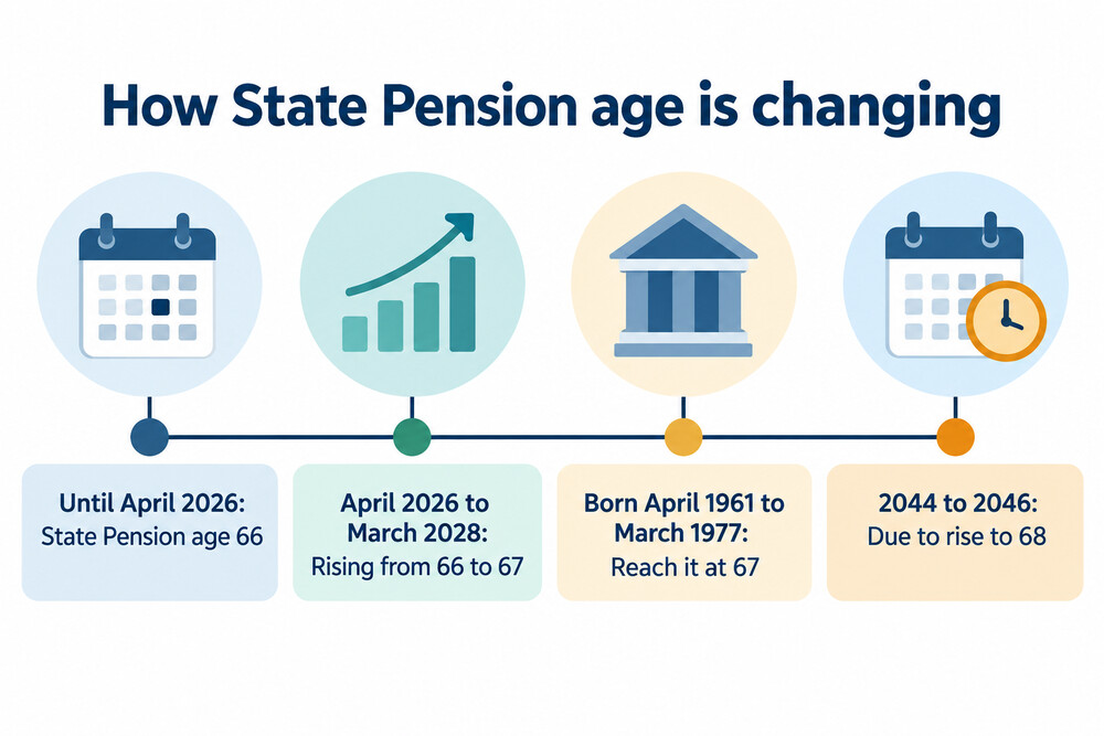 A timeline showing State Pension age rising from 66 to 67 between April 2026 and March 2028