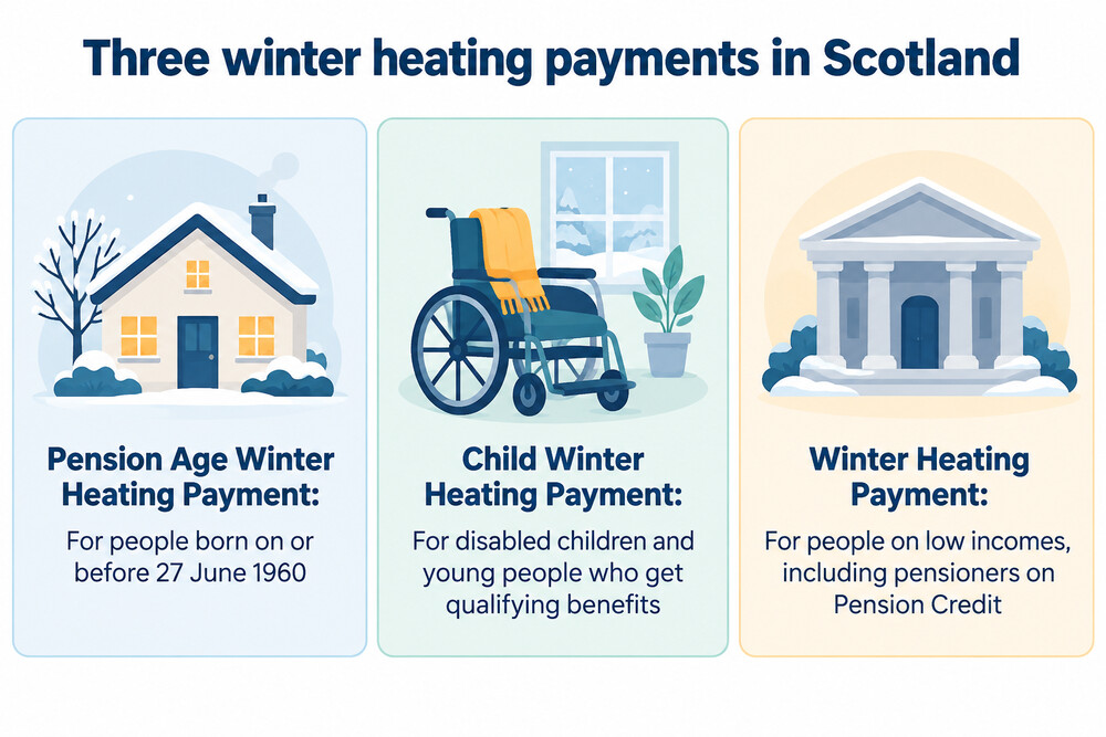 A simple chart showing the three Scottish winter heating payments and which group each one is for