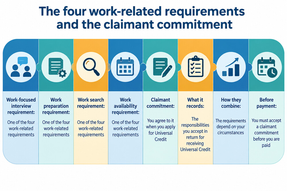 A diagram showing the four work-related requirements and how they build into a claimant commitment