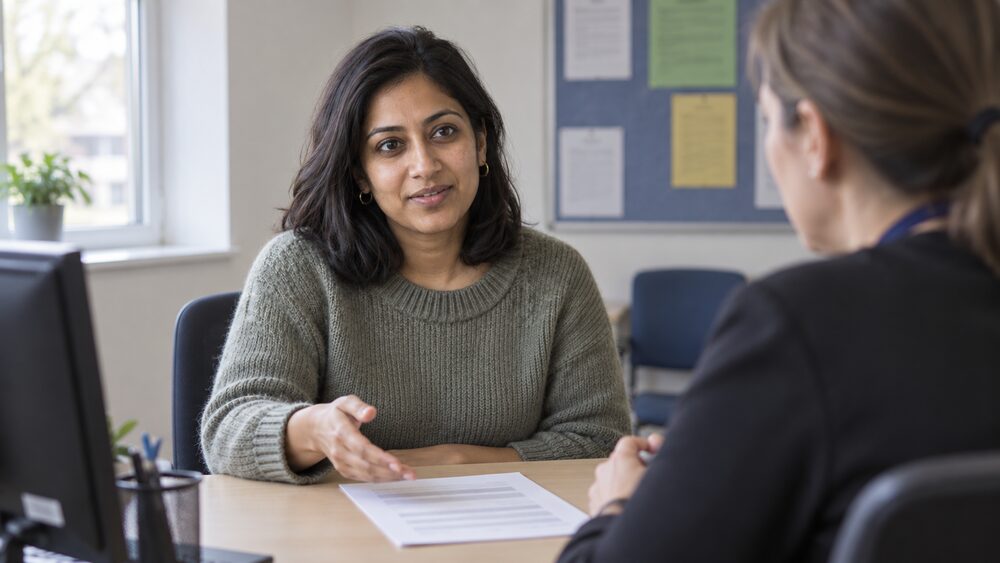 A woman sits across a desk from a work coach in a plain interview room, gesturing at a printed agreement.