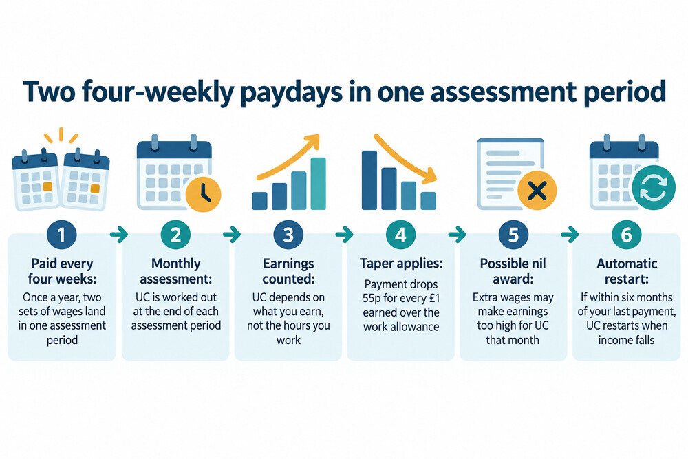 A calendar month showing weekly, fortnightly and monthly paydays falling inside one Universal Credit assessment period