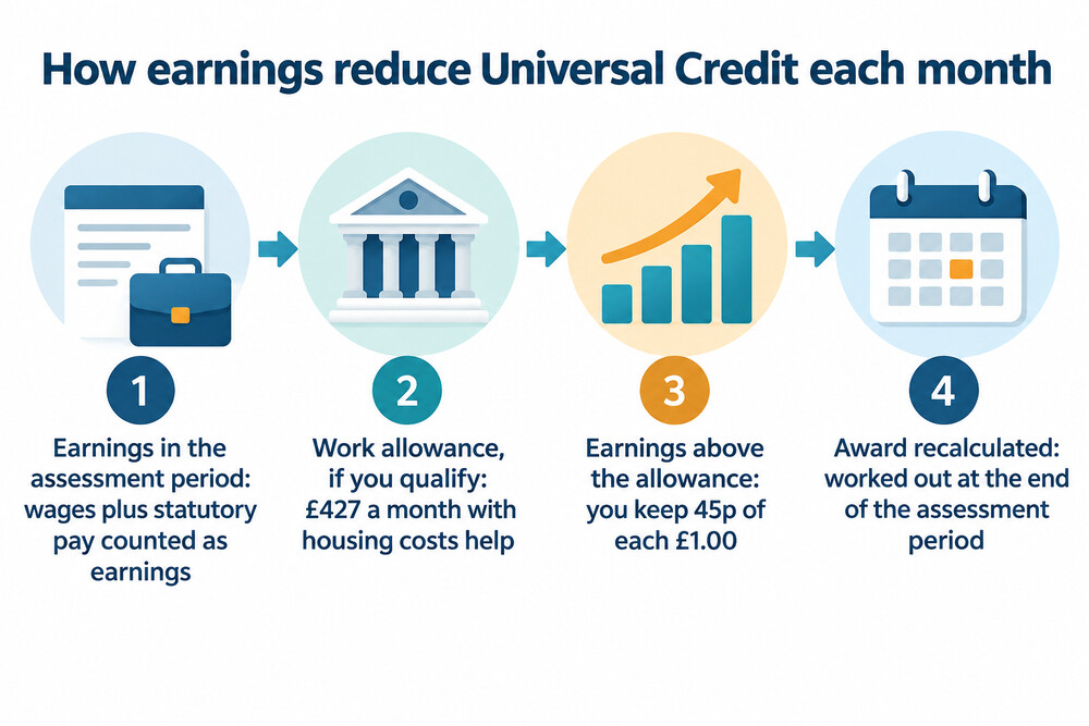 A flow showing monthly earnings passing through the work allowance and then the 45p taper to reduce the Universal Credit award