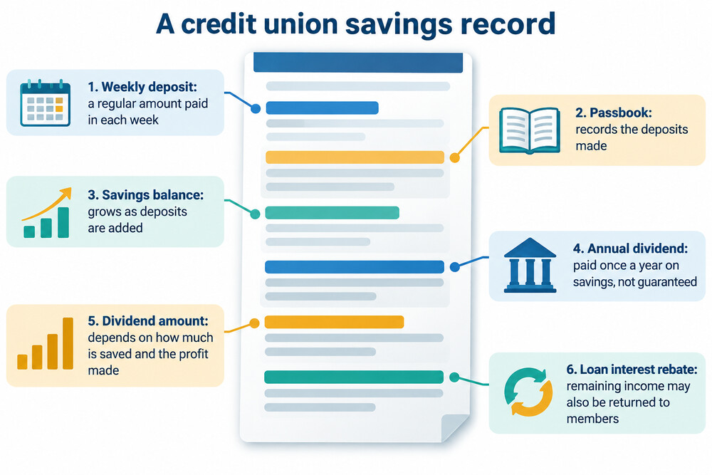 A credit union member's passbook and a savings statement showing a weekly deposit