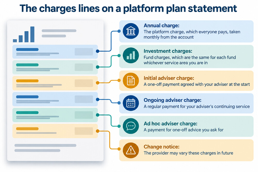 An Aegon annual charges statement showing the platform charge, fund charges and any adviser charges