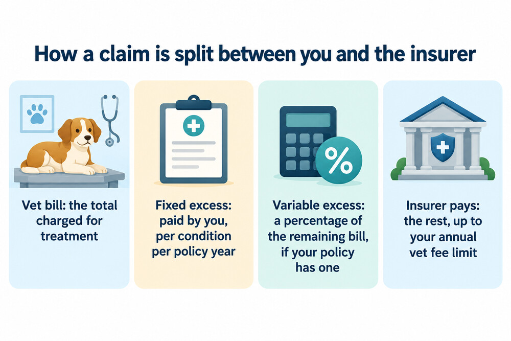 A diagram showing a vet bill split between the excess paid by the owner and the amount paid by the insurer