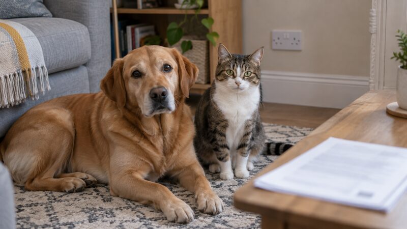 A cat and a dog together at home, representing the pets Agria's lifetime policies cover