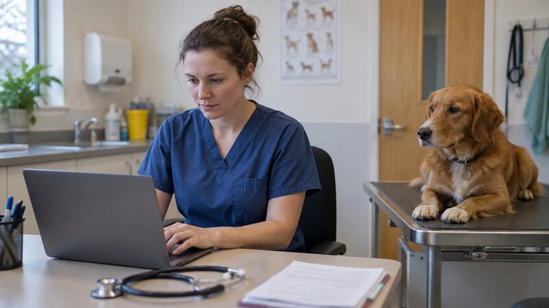 A veterinary surgeon completing an online pet insurance claim form on a tablet