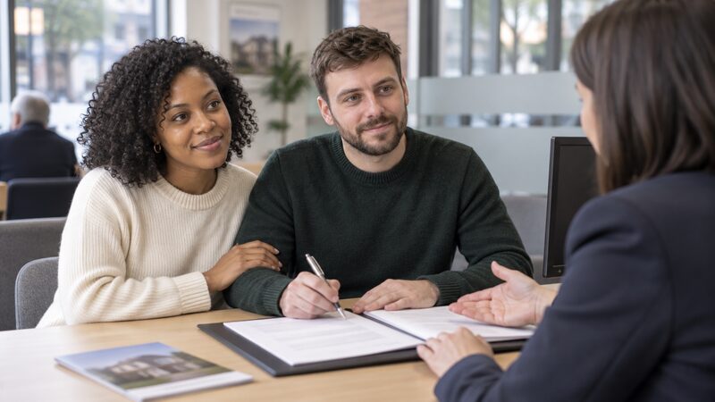 A mortgage appointment at an AIB (NI) branch, with an adviser discussing paperwork with a customer