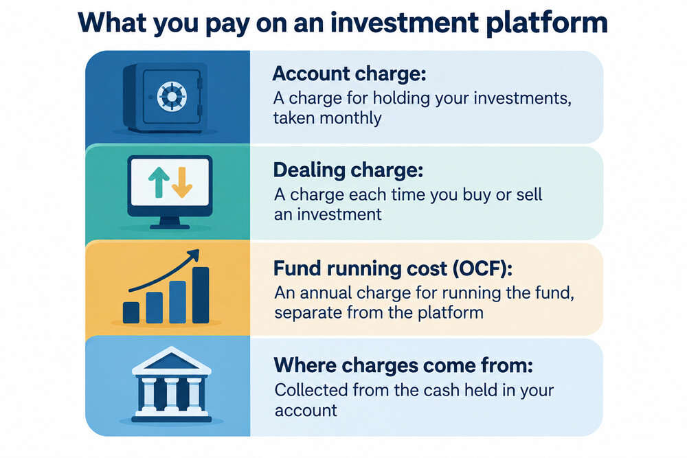 A simple breakdown of the three parts of AJ Bell's charges: account charge, dealing charges and investment costs