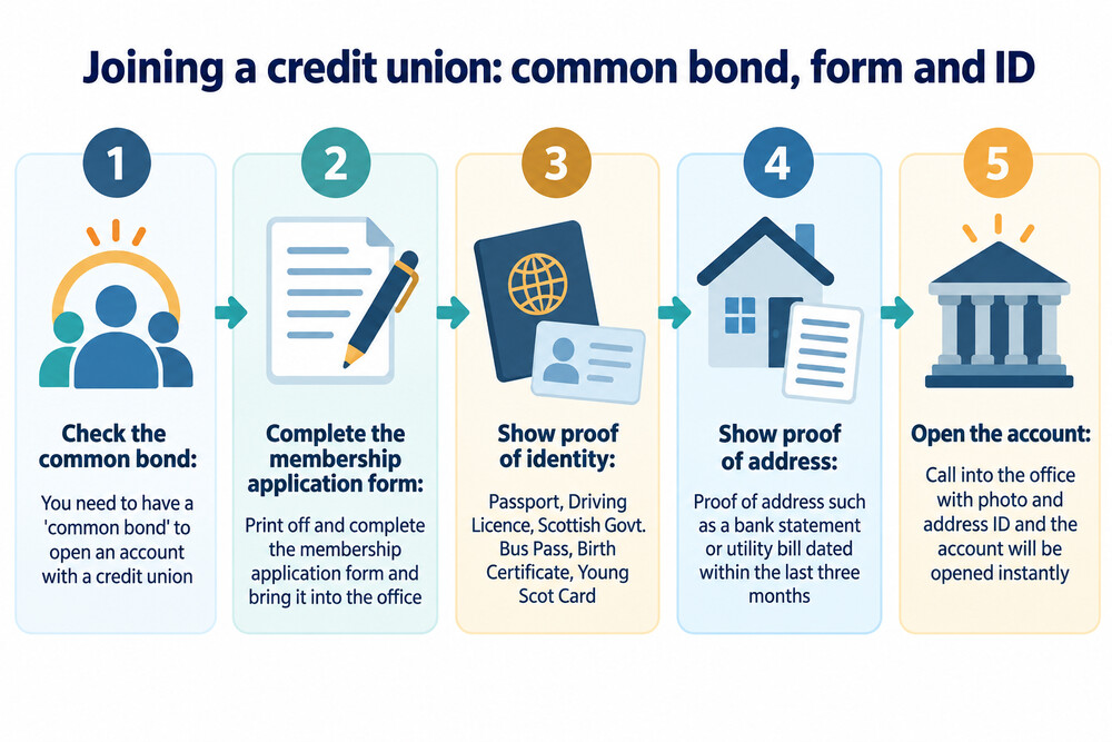 A person completing a membership application form at a credit union office counter, with identity documents on the desk