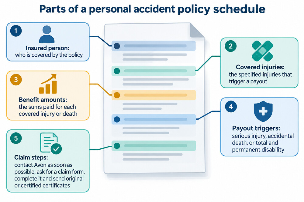 A personal accident policy schedule showing the insured person, the benefit amounts and the covered injuries