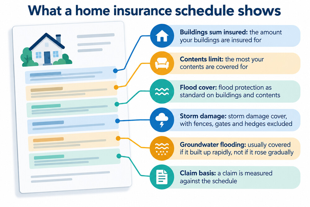 A home insurance schedule showing the buildings sum insured, contents limit and the flood and storm sections of the policy