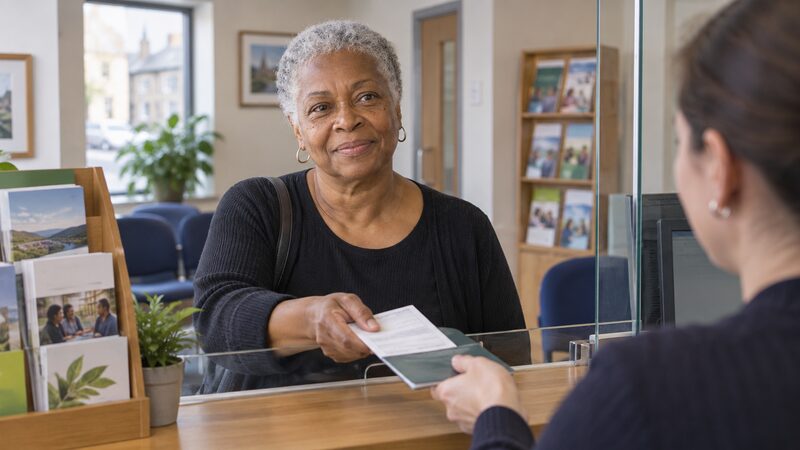A credit union member paying money into a savings account at a local counter
