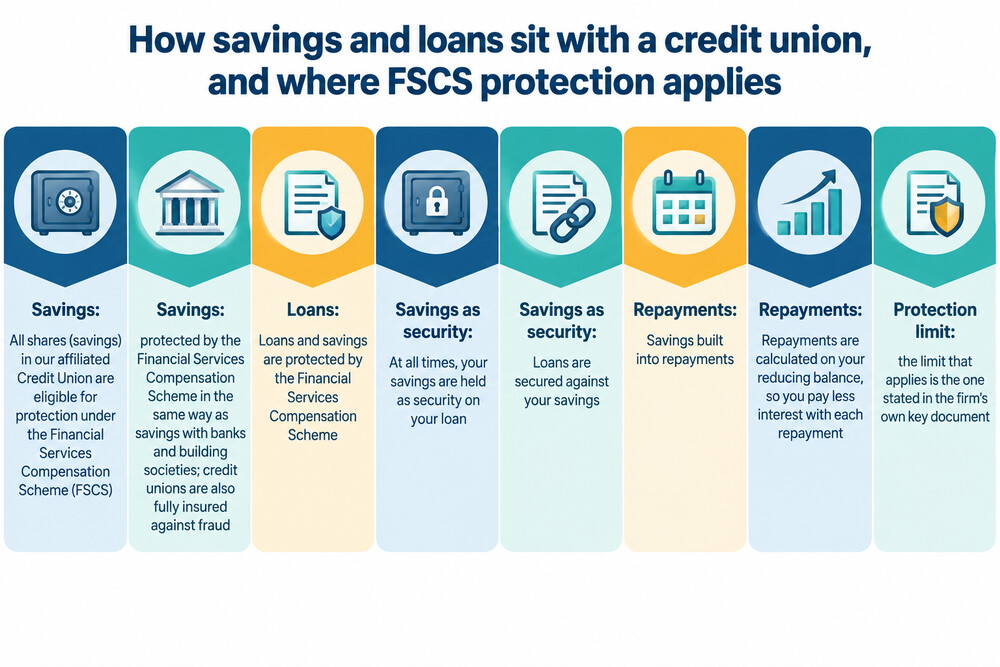 A diagram showing how a member's savings and loan sit with the credit union and where FSCS protection applies